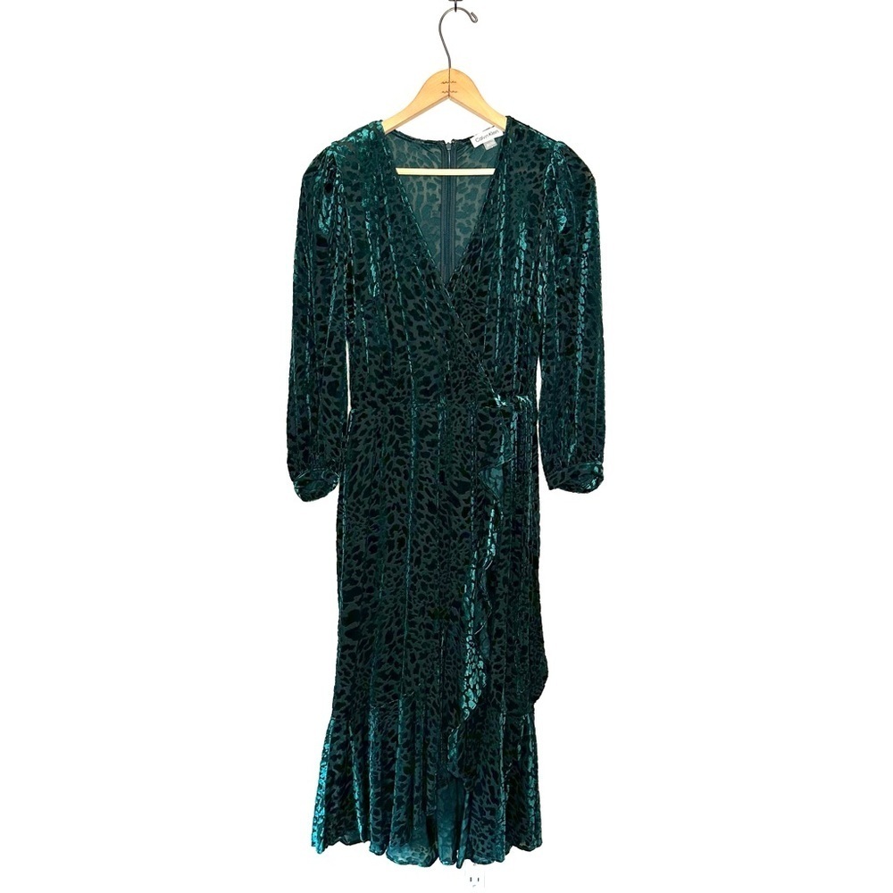 Calvin Klein | Dark Green Burnout Velvet Puff-Sleeve Dress Size 8 - Picture 2 of 12